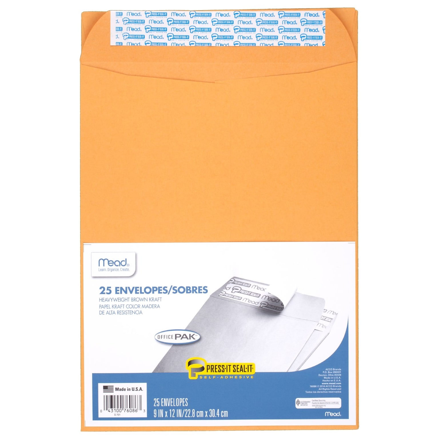 Mead Press-It Seal-It Envelopes, 9 x 12 Inch, Brown Kraft, Office Pack 25 Count (76086)