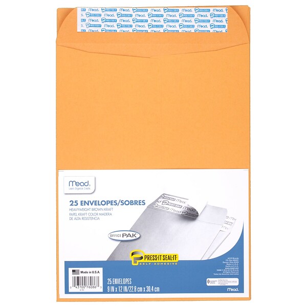Mead Press-It Seal-It Envelopes, 9 x 12 Inch, Brown Kraft, Office Pack 25 Count (76086)