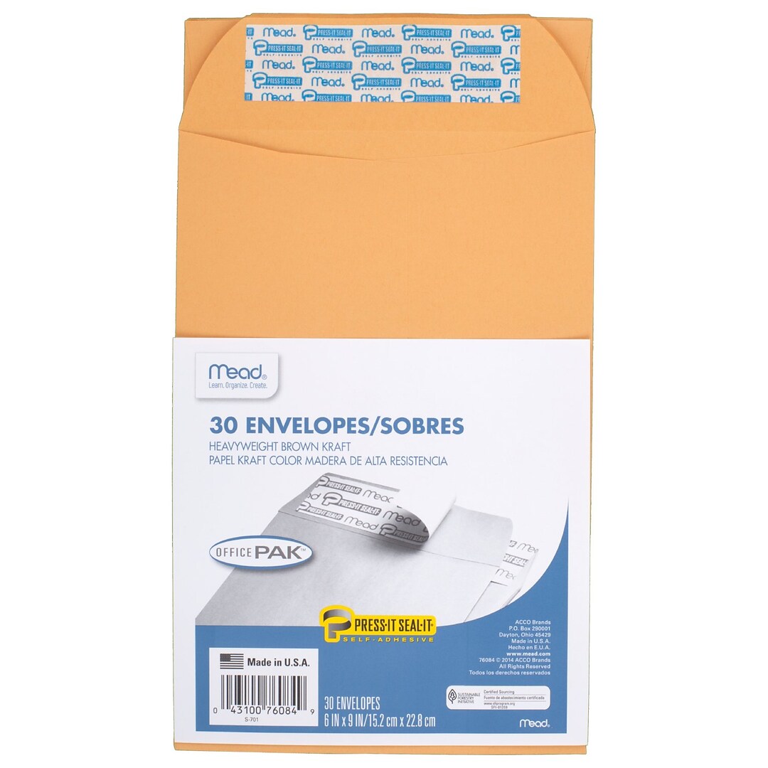 Office Pack 30 Count 0 1-6 x 9/30 Count 76084 Mead Press-It Seal-It 6X9 Envelopes Brown 