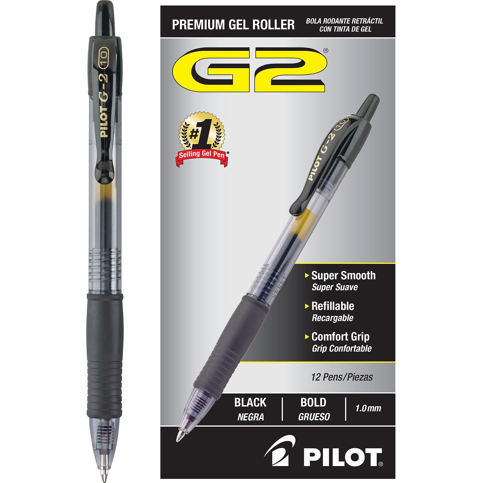 Pilot G2 Retractable Gel Pens, Bold Point, 1.0mm, Black Ink, Dozen (31256)