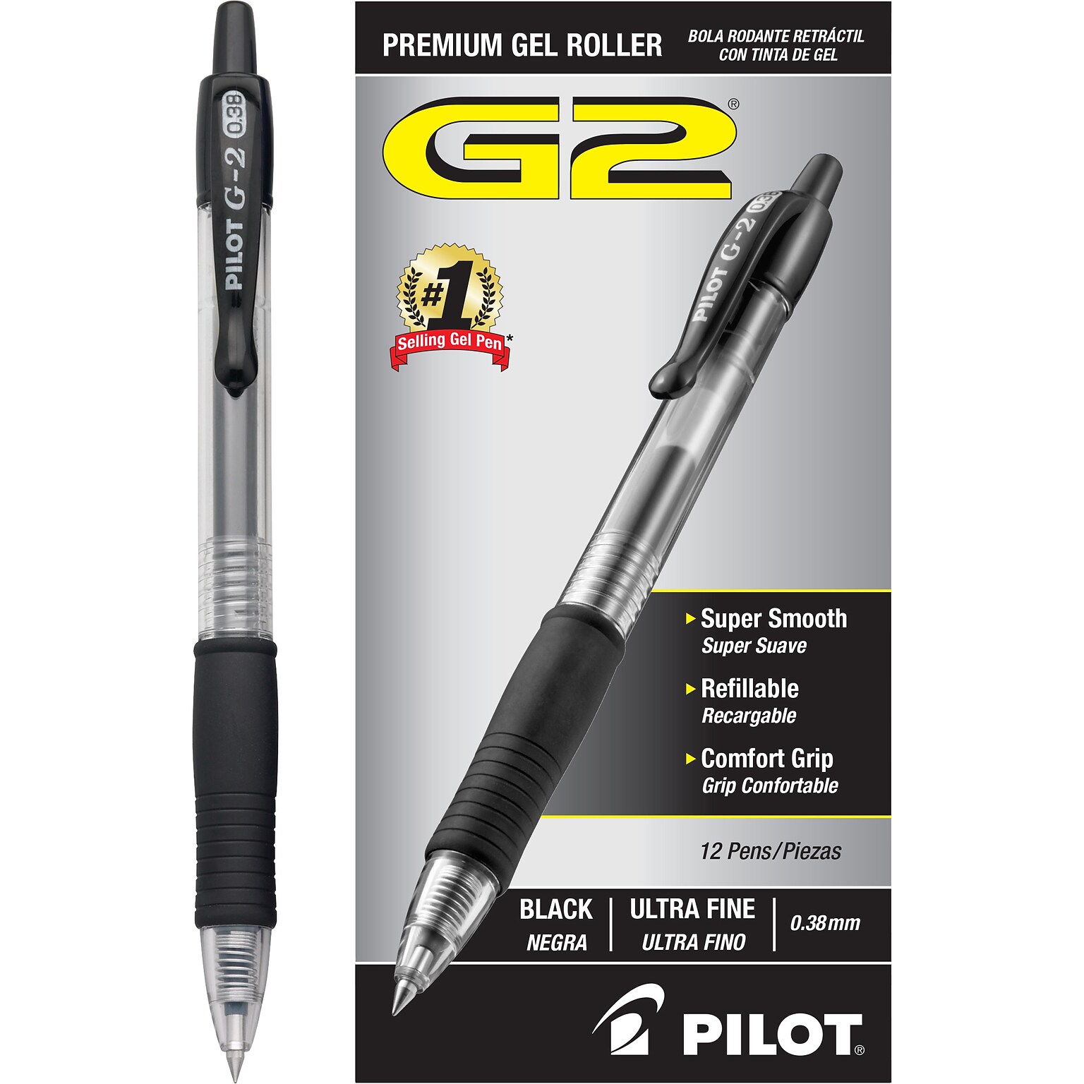 Pilot G2 Retractable Gel Pens, Ultra Fine Point, 0.38mm, Black Ink, Dozen (31277)