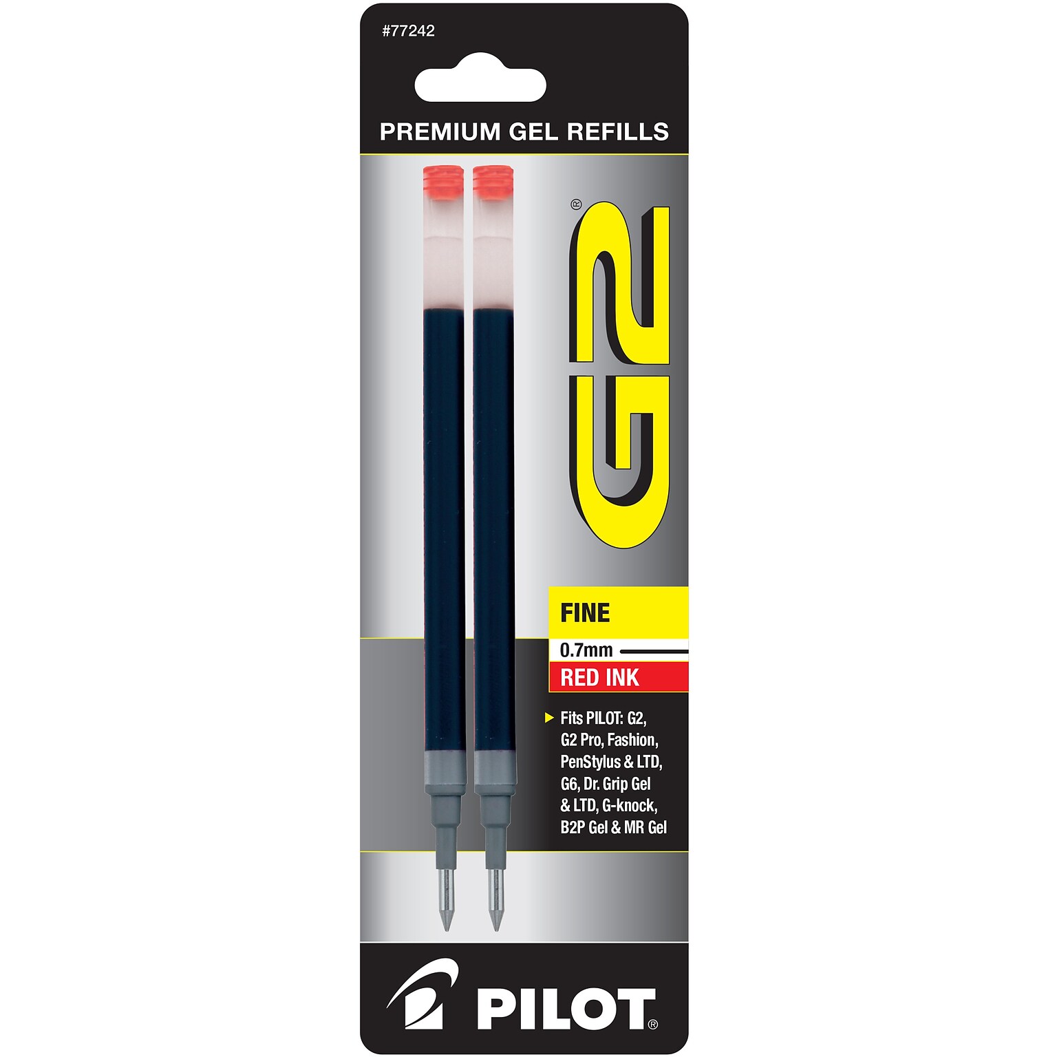 Pilot G2 Gel-Ink Pen Refill, Fine Tip, Red Ink, 2/Pack (77242)