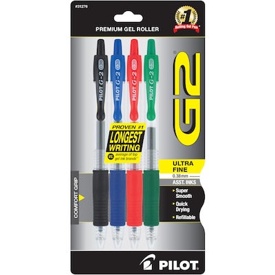 Pilot G2 Retractable Gel Pens, Ultra Fine Point, Assorted Ink, 4/Pack (31276)