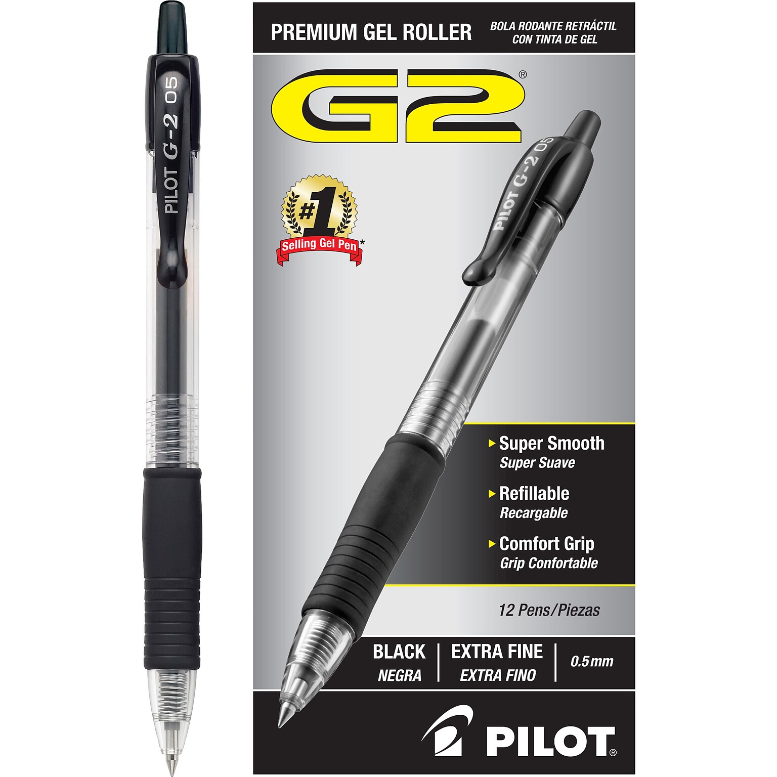 Pilot G2 Retractable Gel Pens, Extra Fine Point, 0.5mm, Black Ink, Dozen (31002)