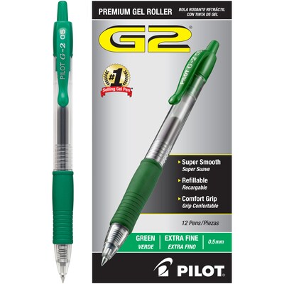 Pilot G2 Retractable Gel Pens, Extra Fine Point, Green Ink, Dozen (31005)