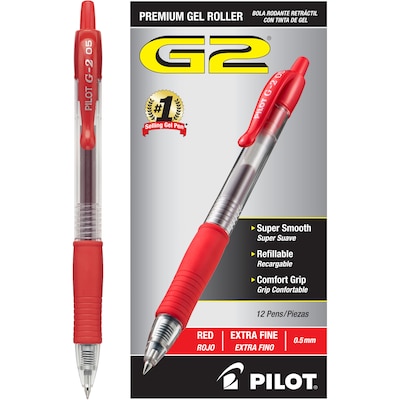 Pilot G2 Retractable Gel Pens, Extra Fine Point, Red Ink, Dozen (31004)