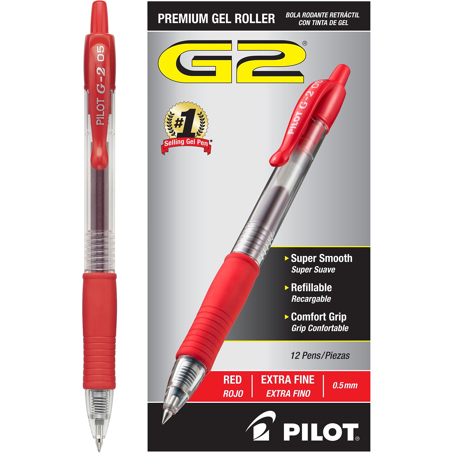 Pilot G2 Retractable Gel Pens, Extra Fine Point, Red Ink, Dozen (31004)