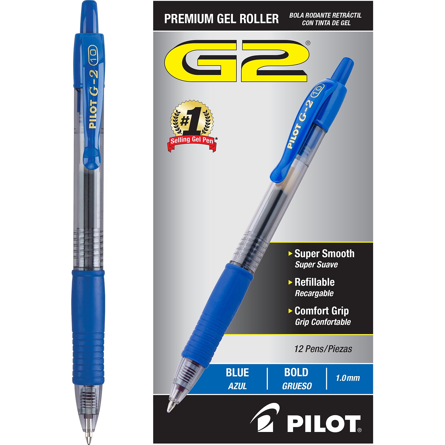 Pilot G2 Retractable Gel Pens, Bold Point, 1.0mm, Blue Ink, Dozen (31257)