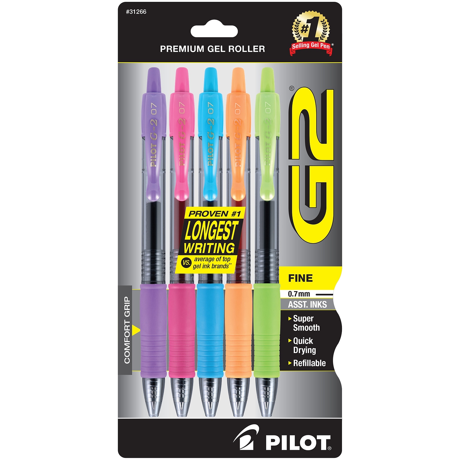 Pilot G2 Retractable Gel Pens, Fine Point, Assorted Ink, 5/Pack (31266)