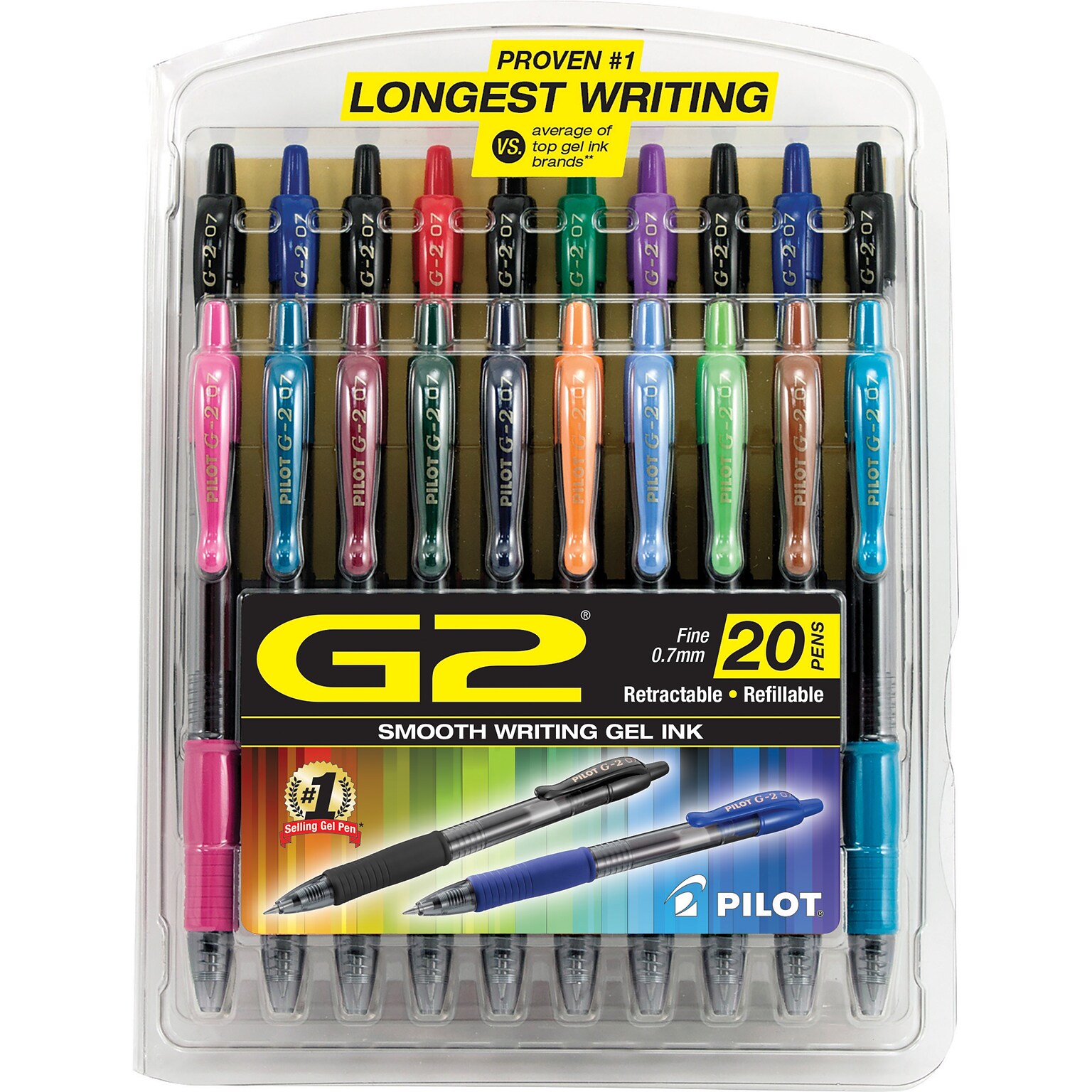 Pilot G2 Retractable Gel Pens, Fine Point, Assorted Ink, 20/Pack (31294)