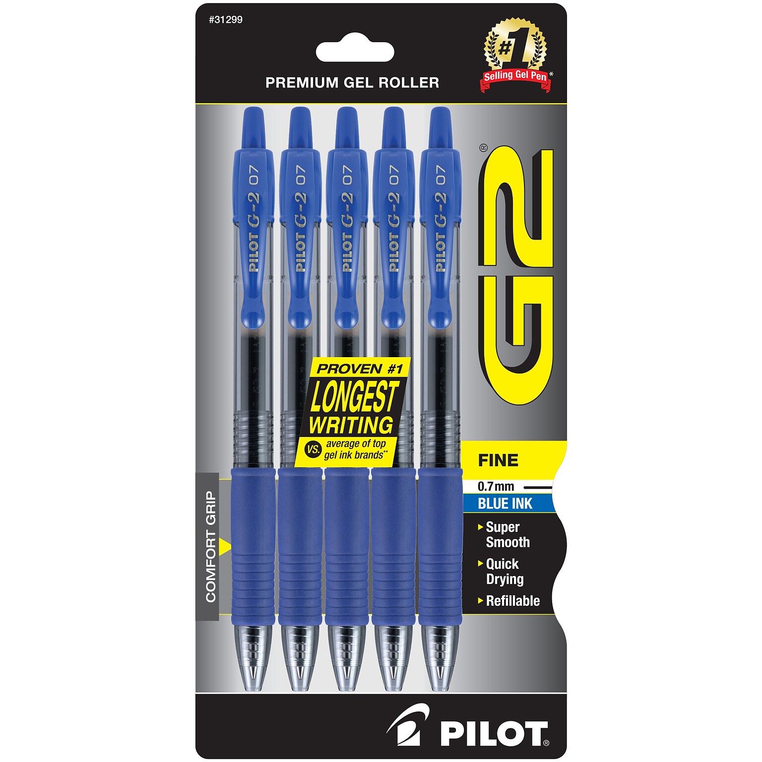 Pilot G2 Retractable Gel Pens, Fine Point, 0.7mm, Blue Ink, 5/Pack (31299)