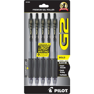 Pilot G2 Retractable Gel Pens, Bold Point, Black Ink, 5/Pack (31303)