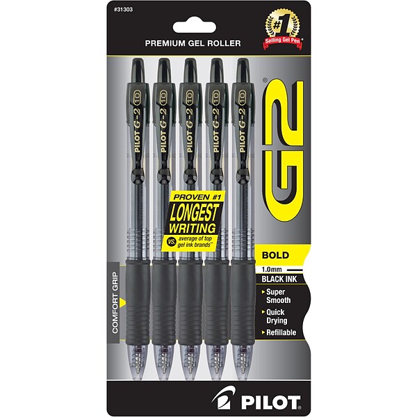 Pilot G2 Retractable Gel Pens, Bold Point, Black Ink, 5/Pack (31303)