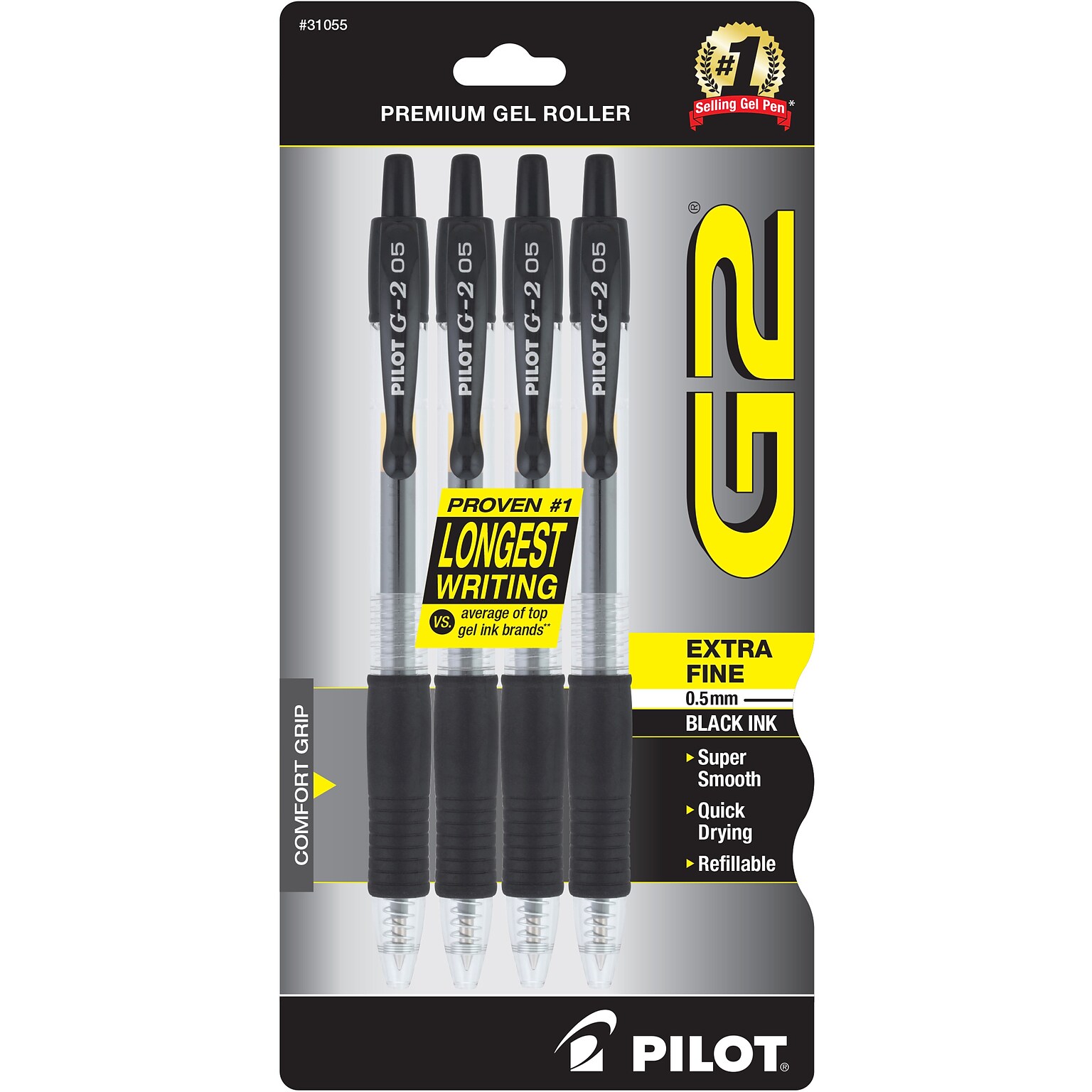 Pilot G2 Retractable Gel Pens, Extra Fine Point, Black Ink, 4/Pack (31055)