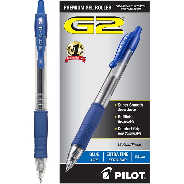 Pilot G2 Retractable Gel Pens, Extra Fine Point, Blue Ink, Dozen (31003)