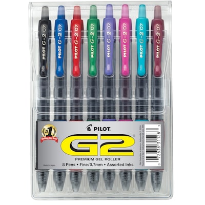 Pilot G2 Retractable Gel Pens, Fine Point, Assorted Ink, 8/Pack (31128)