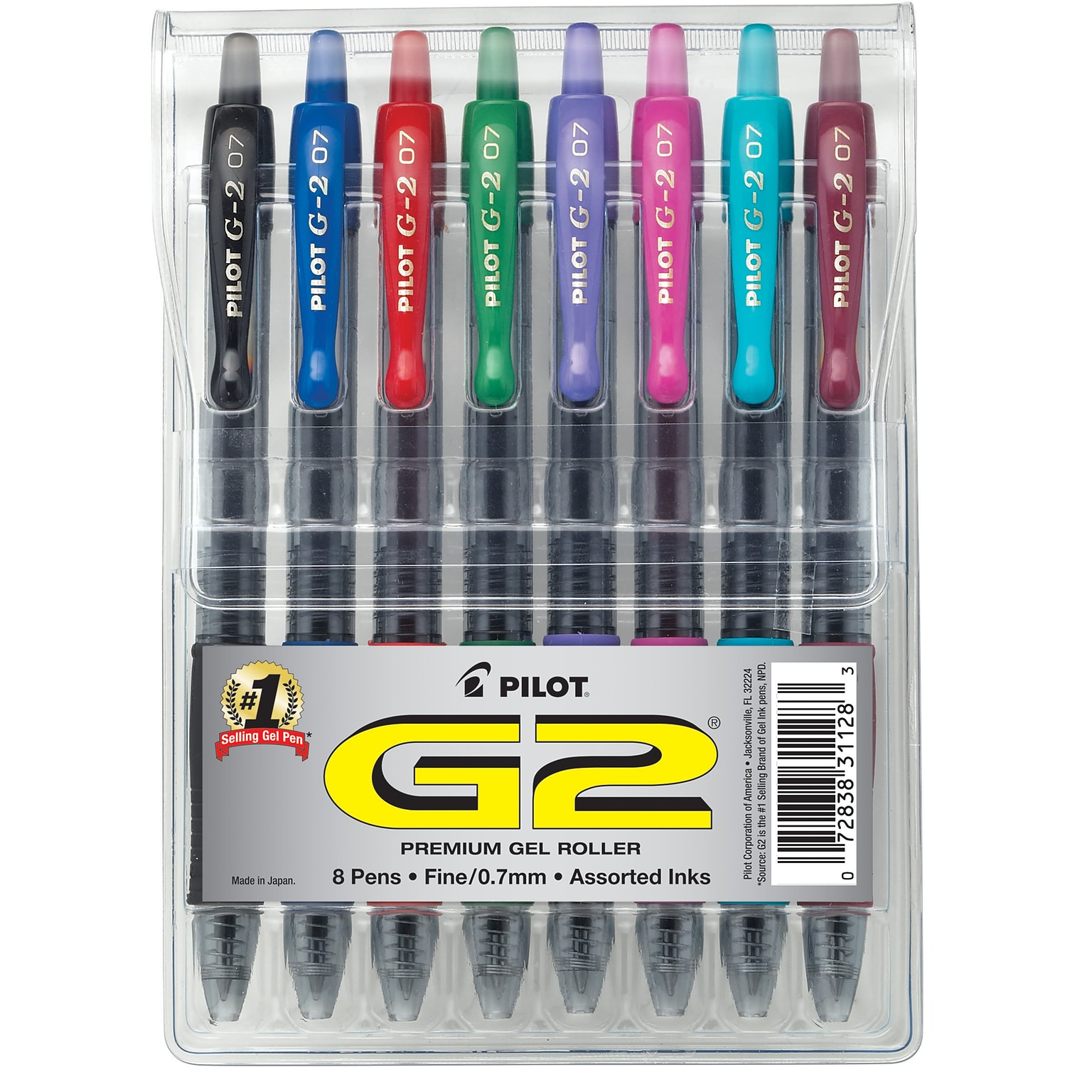 Pilot G2 Retractable Gel Pens, Fine Point, Assorted Ink, 8/Pack (31128)