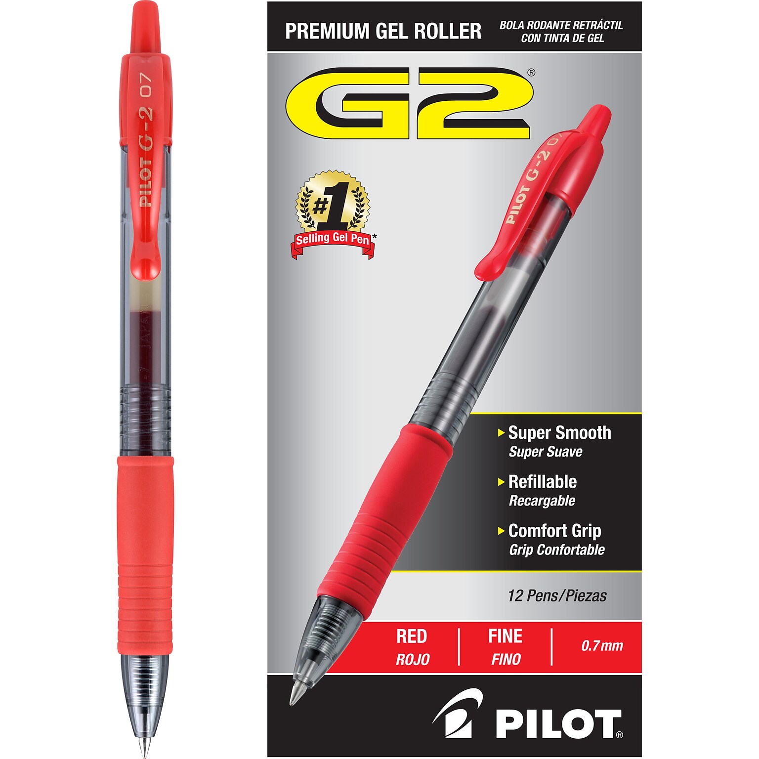 Pilot G2 Retractable Gel Pens, Fine Point, 0.7mm, Red Ink, Dozen (31022)