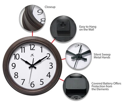 12'' Silent Sweep Battery-Powered Round Wall Clock (Black Plastic, Dial 06)