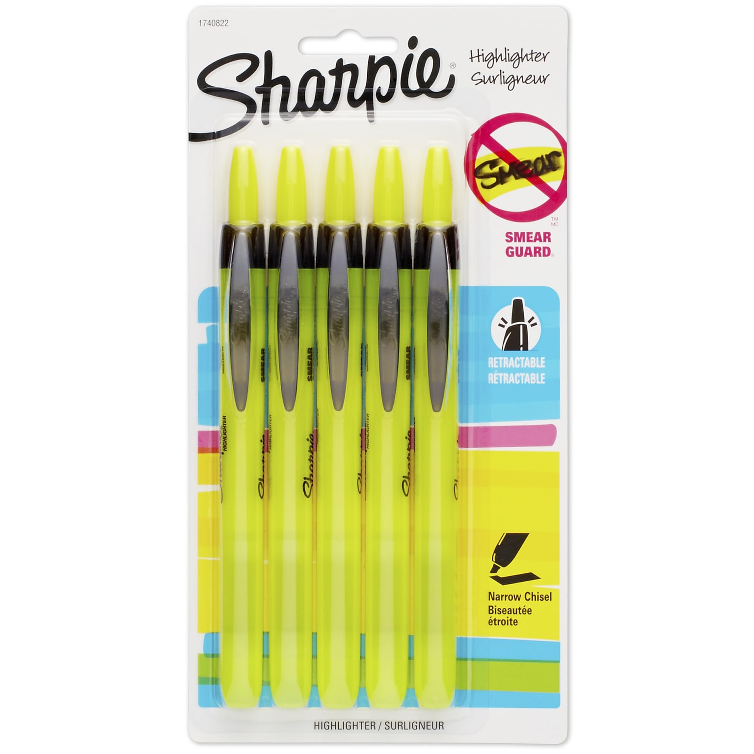 Sharpie Retractable Highlighter, Chisel Tip, Fluorescent Yellow, 5/Pack (1740822)