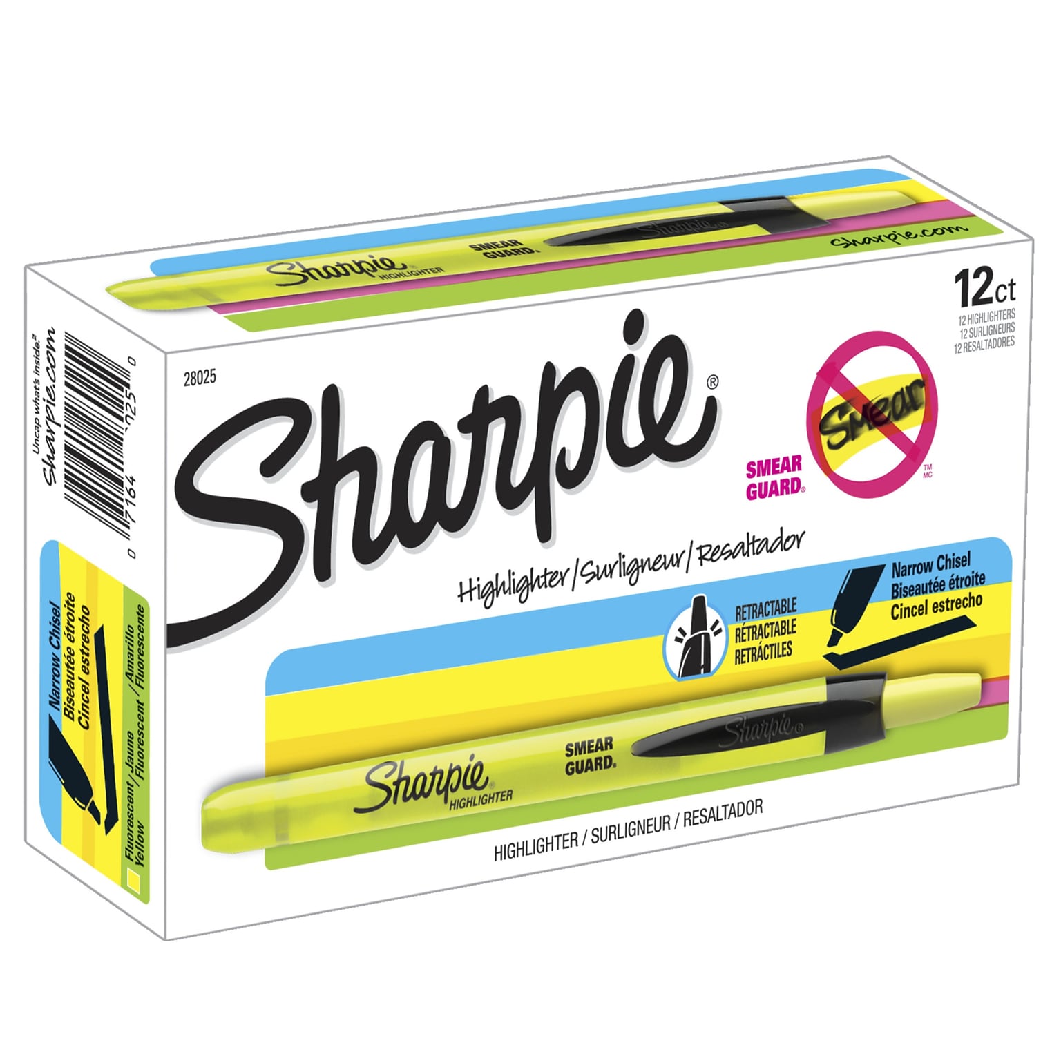 Sharpie Retractable Highlighter, Chisel Tip, Yellow, Dozen (28025)