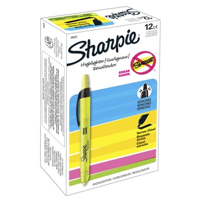 Sharpie Retractable Highlighter, Chisel Tip, Yellow, Dozen (28025)