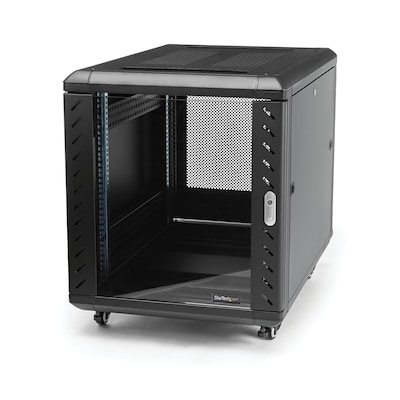15U 19 Server Rack Cabinet - 4 Post Adjustable Depth (6-32) Locking Knock Down Enclosure - Mobile w/Glass Door & Casters