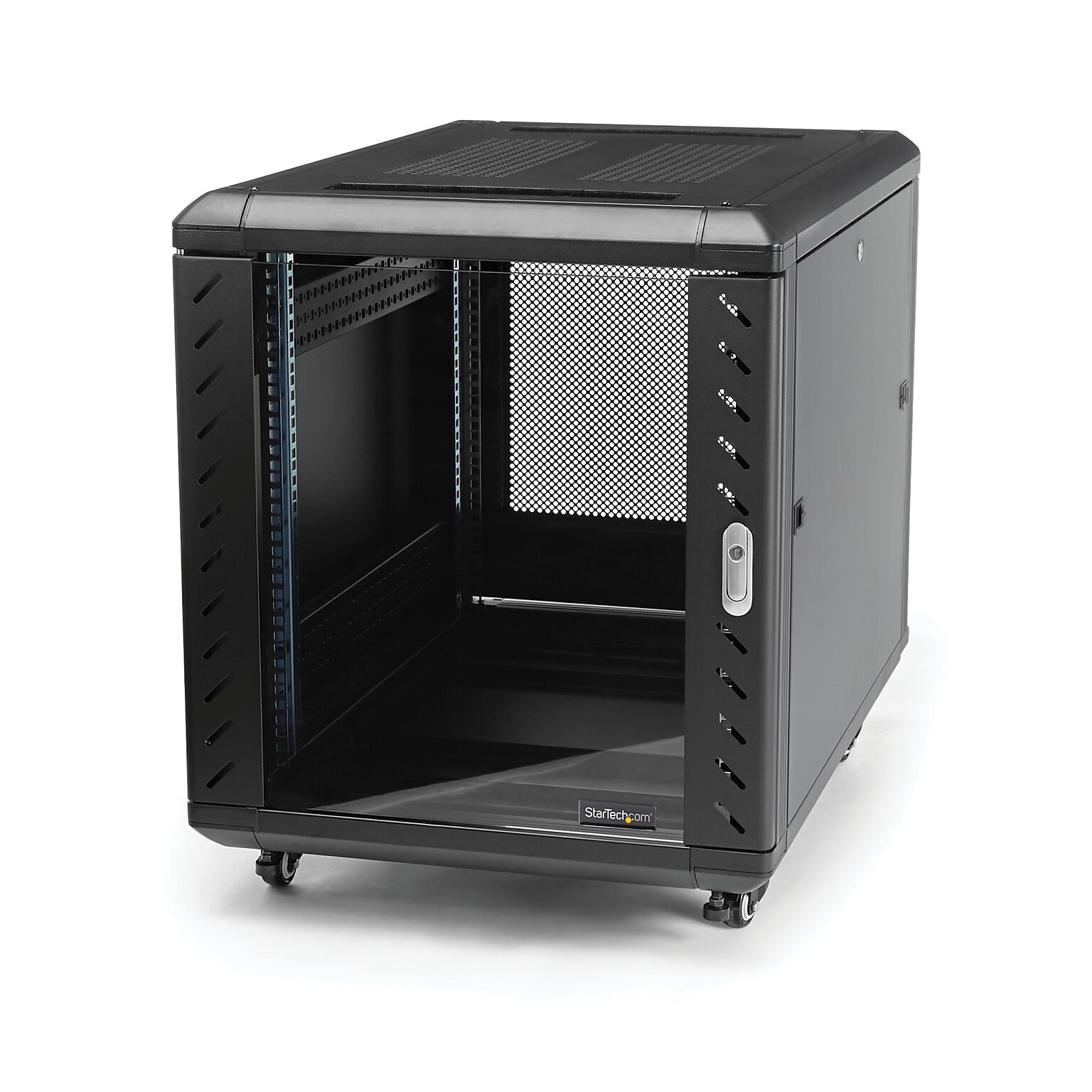15U 19 Server Rack Cabinet - 4 Post Adjustable Depth (6-32) Locking Knock Down Enclosure - Mobile w/Glass Door & Casters
