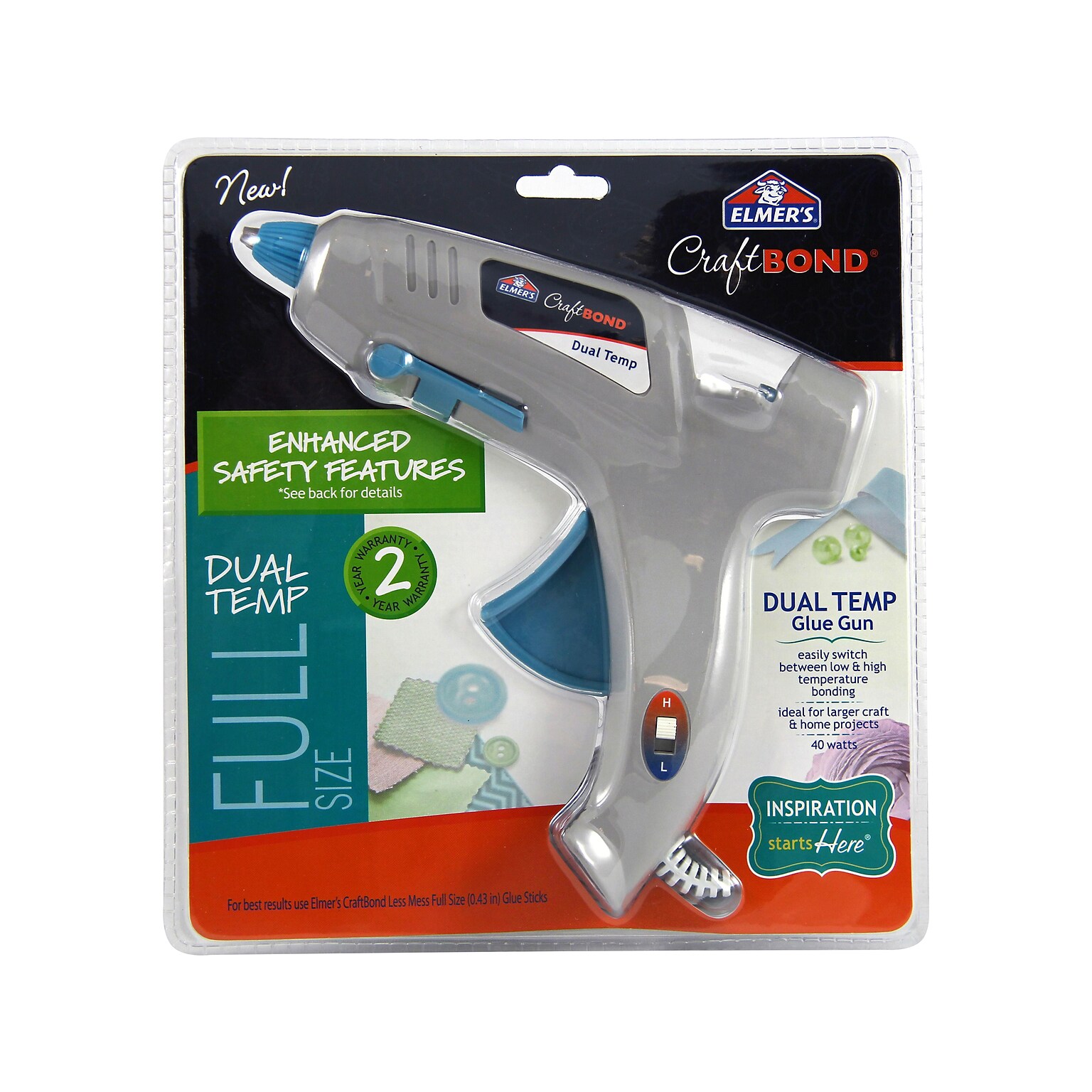 Elmers CraftBond Craft Glue Gun, Full Size, 40 Watts, Blue/Gray (E6050)