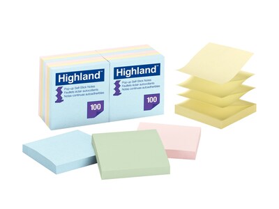 Highland™ Pop-up Notes, 3 x 3, Assorted Pastel Colors, 12 Pads/Pack, 18 Packs (6549-PUA)