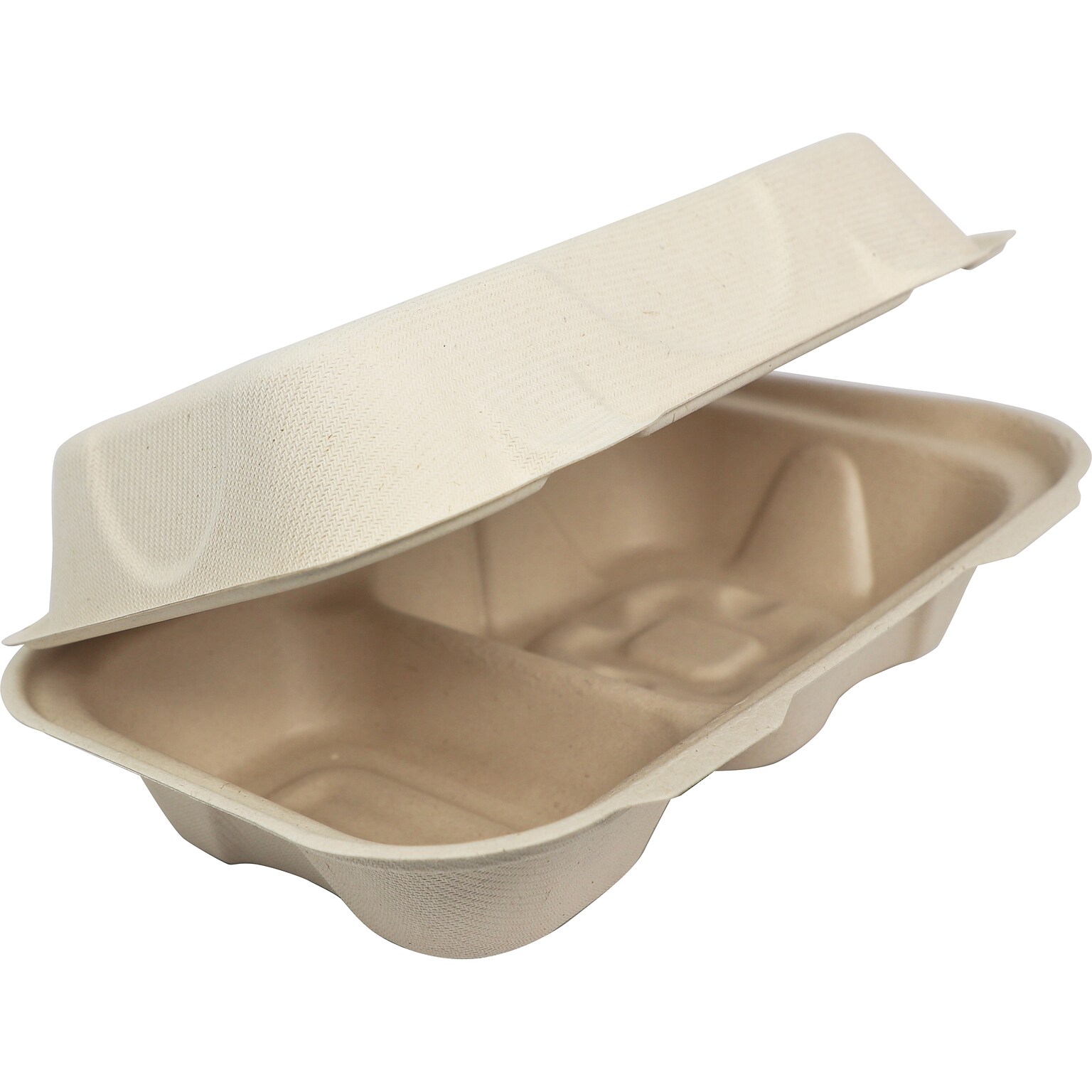 World Centric Fiber Hinged Hoagie Box Containers, 2 Compartments, 9 x 6 x 3, Natural, 500/Carton