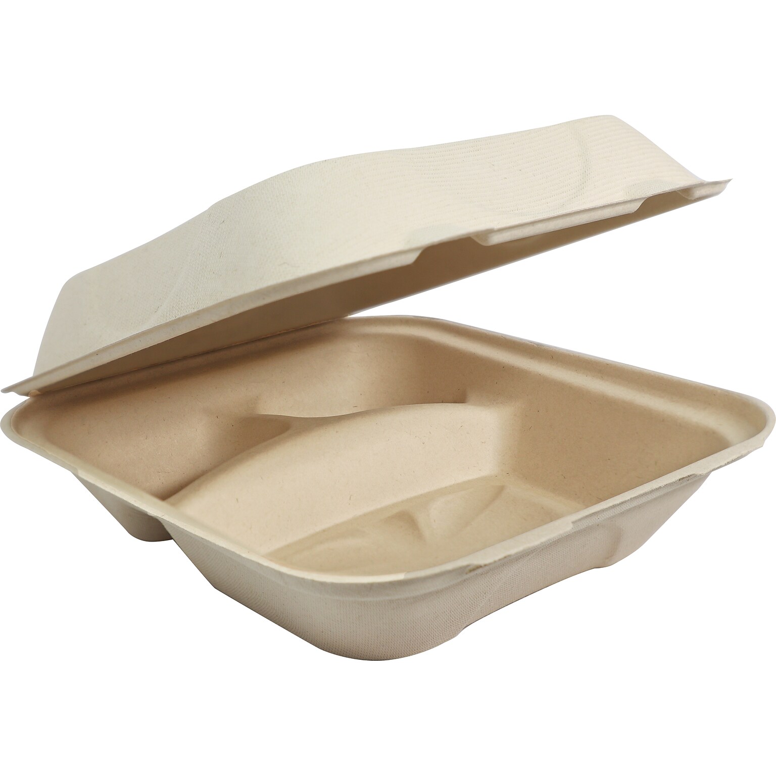 World Centric Fiber Hinged Containers, 3 Compartments, 8 x 8 x 3, Natural, 300/Carton