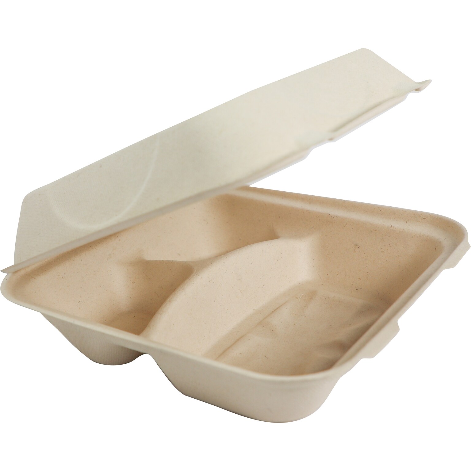 World Centric Fiber Hinged Containers, 3 Compartments, 9 x 9 x 3, Natural, 300/Carton