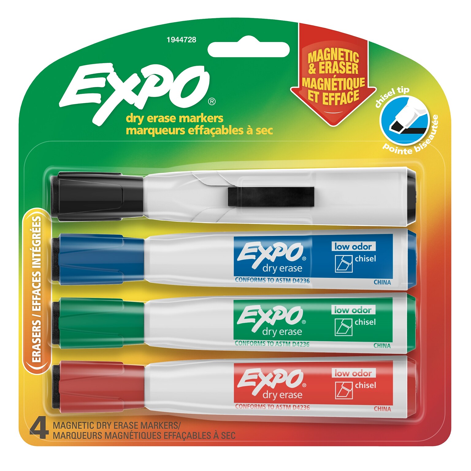 Expo Magnetic Dry Erase Markers, Chisel Tip, Assorted, 4/Pack (1944728)
