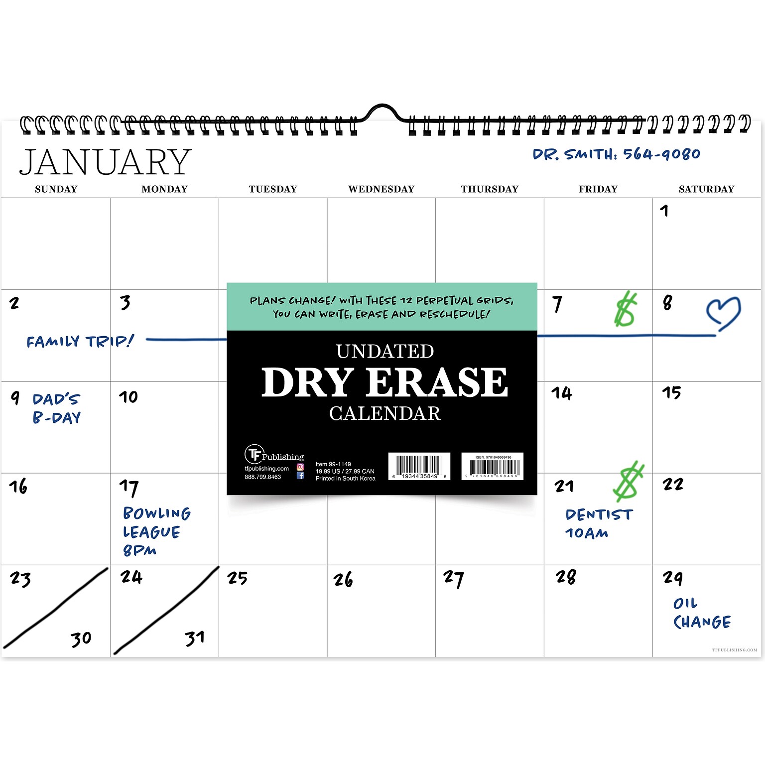 TF Publishing 12 x 17 Monthly Dry Erase Wall Calendar, White (99-1149)