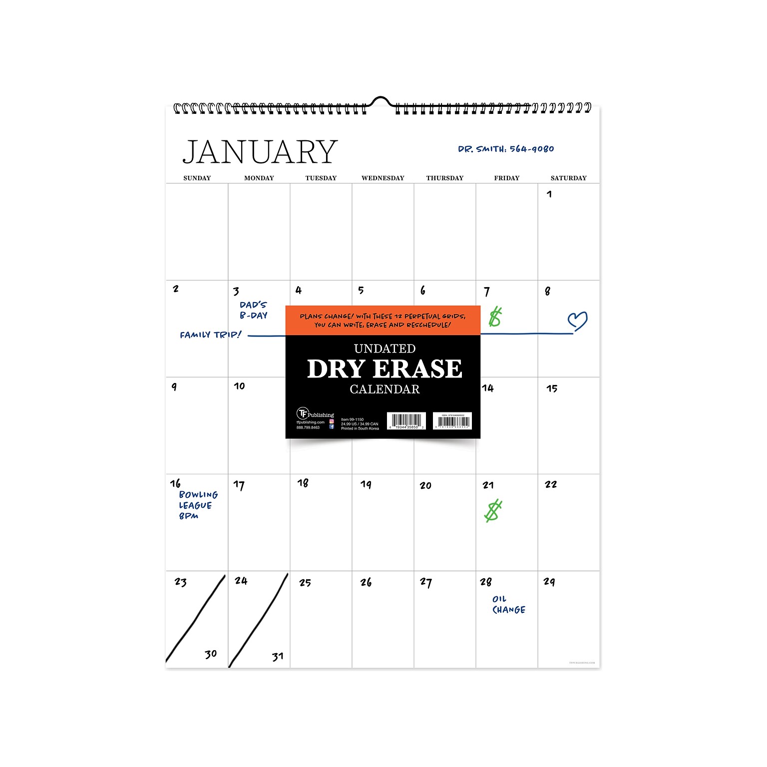 TF Publishing 22 x 17 Monthly Dry Erase Wall Calendar, White (99-1150)