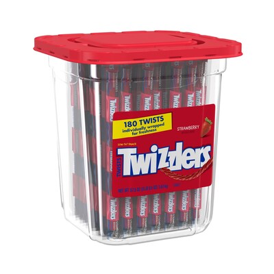 TWIZZLERS Twists Strawberry Flavored Chewy Candy, Bulk Candy, 57.5 oz, Container, 180 Twists (HEC51922)