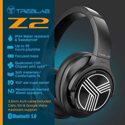 Treblab Z2-B Over Ear Workout Headphones with Microphone