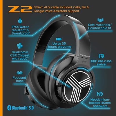 Treblab Z2-B Over Ear Workout Headphones with Microphone
