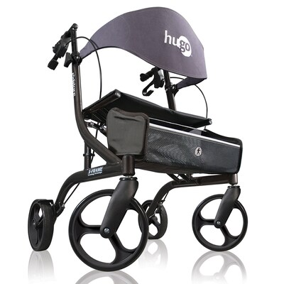 Hugo Explore Side-Fold Rollator Rolling Walker with Seat, Backrest and Folding Basket, Pearl Black (