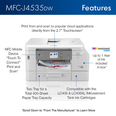 Brother INKvestment Tank MFC-J4535DW All-in-One Color Inkjet Printer