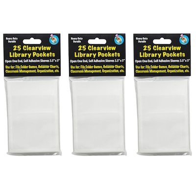 Ashley Productions Plastic Clear View Self-Adhesive Library Pocket, 3.5 x 5, 25 Per Pack, 3 Packs