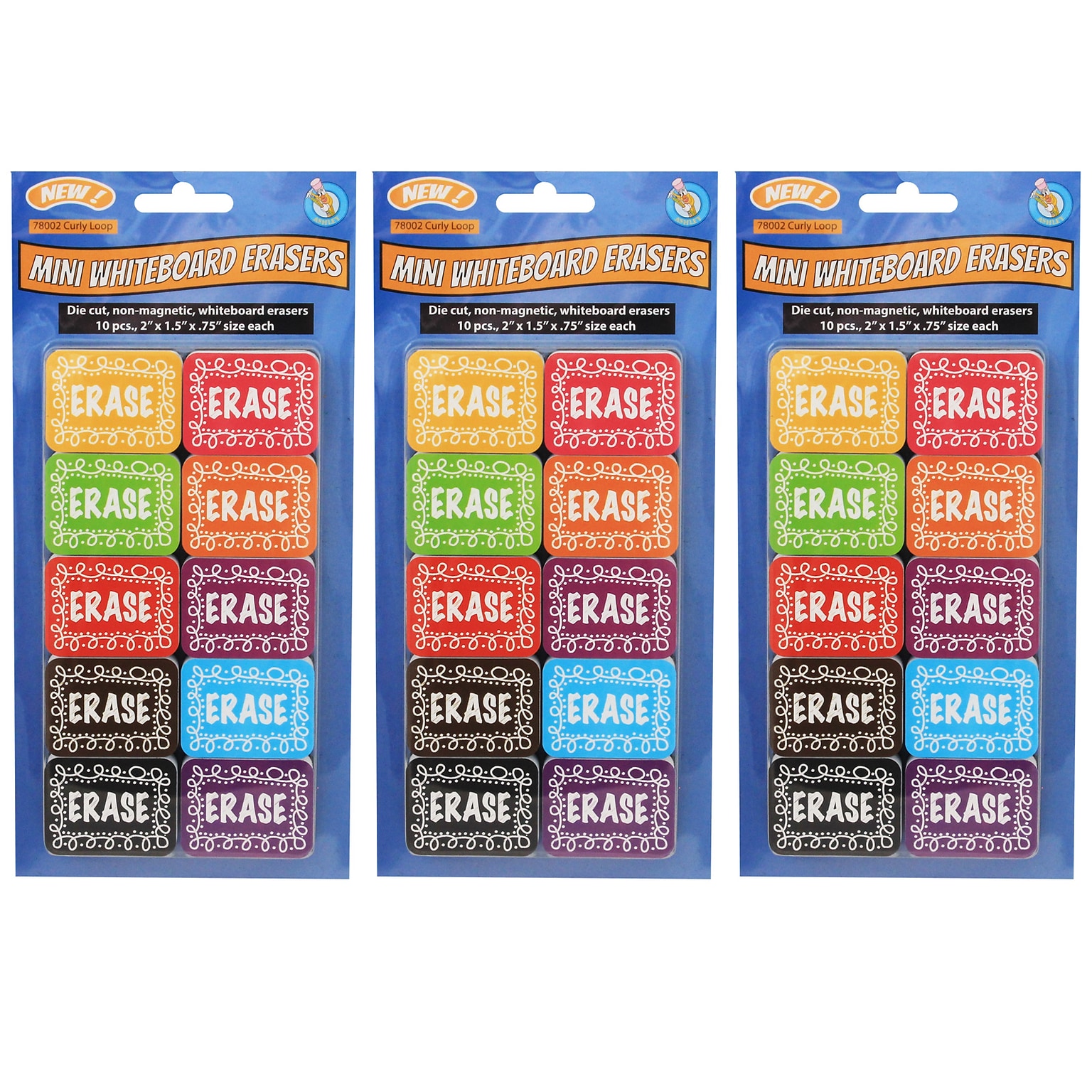 Ashley Productions Non-Magnetic Mini Whiteboard Erasers, Chalk Loop, 10 Per Pack, 3 Packs (ASH78002-3)