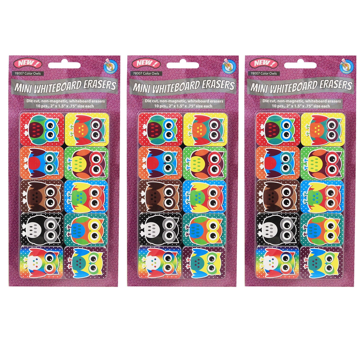 Ashley Non-Magnetic Mini Whiteboard Erasers, Color Owls, 10 Per Pack, 3 Packs (ASH78007-3)