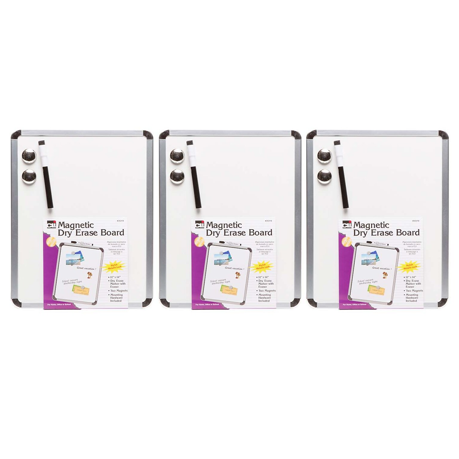 Charles Leonard Magnetic Plastic  Dry-Erase Whiteboard, Aluminum Framed, 11 x 14, Pack of 3 (CHL35314-3)