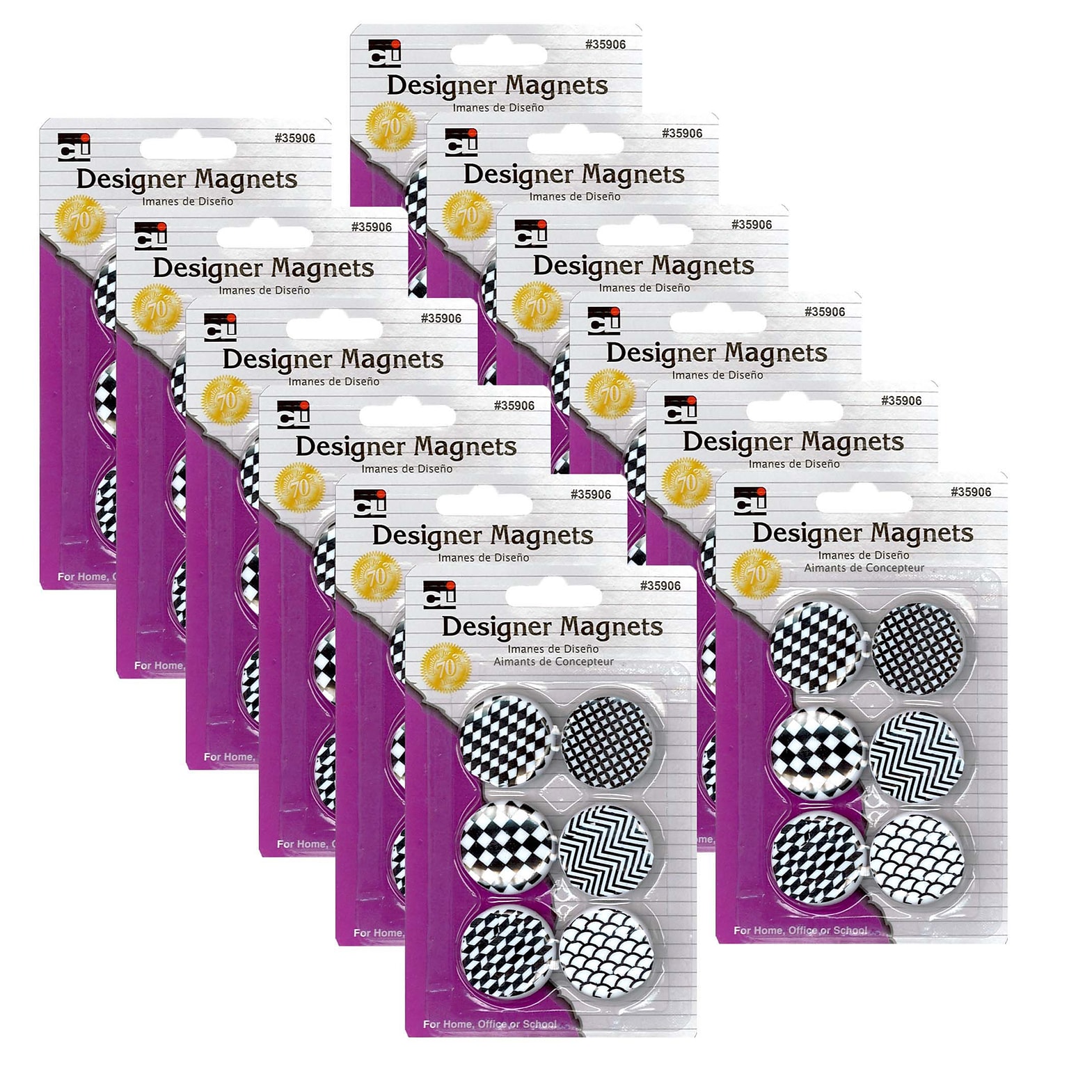 Charles Leonard Designer Button Style Magnets, Super Strong - Assorted Black & White Designs, 6 Per Pack, 12 Packs (CHL35906-12)