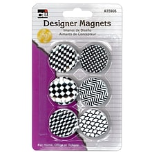 Charles Leonard Designer Button Style Magnets, Super Strong - Assorted Black & White Designs, 6 Per