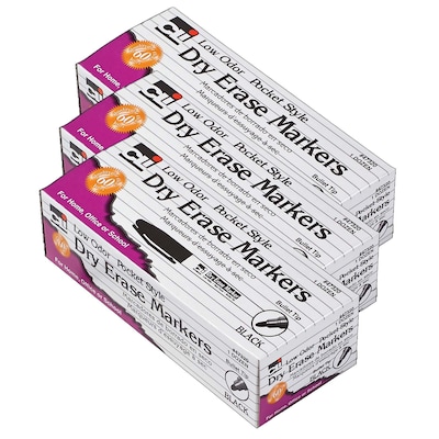 CLI Dry Erase Markers, Bullet Tip, Black, 12/Pack, 3 Packs (CHL47320-3)