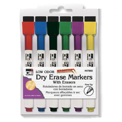 Charles Leonard Magnetic Dry Erase Markers with Erasers, Fine Tip, Assorted Colors, 6 Per Pack, 6 Packs (CHL47860-6)