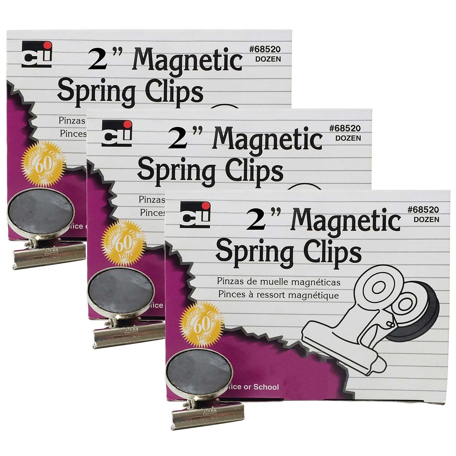 Charles Leonard Magnetic Spring Clips, 2, Silver, 12 Per Box, 3 Boxes (CHL68520-3)